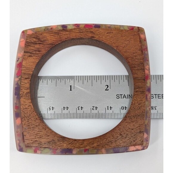 Vintage Bangle Bracelet Wood Lucite Brown Square Chunky Boho Chic Eclectic Artsy - Picture 9 of 11
